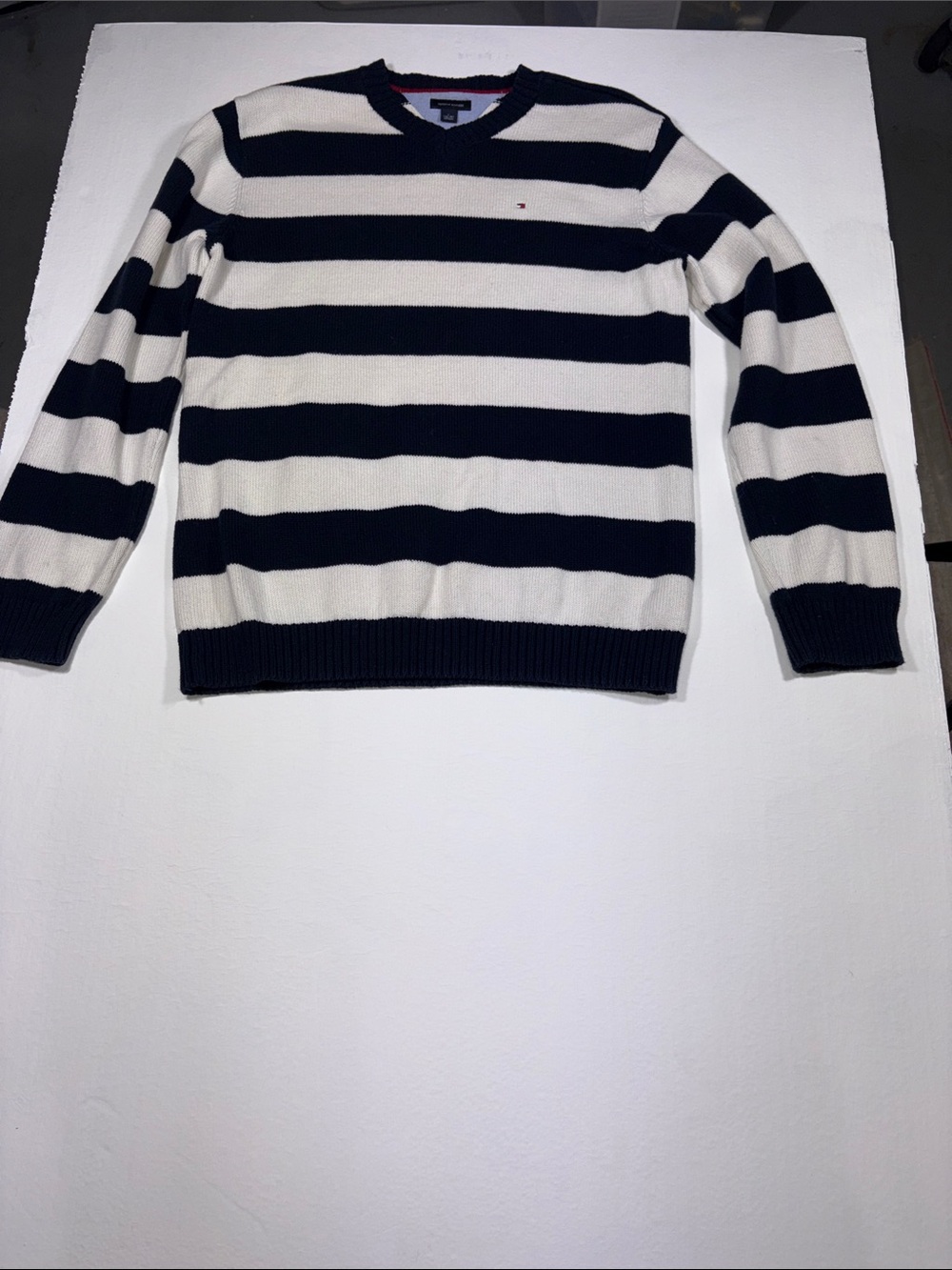 Tommy Hilfiger Boy’s Navy and White Striped V‑Neck Sweater